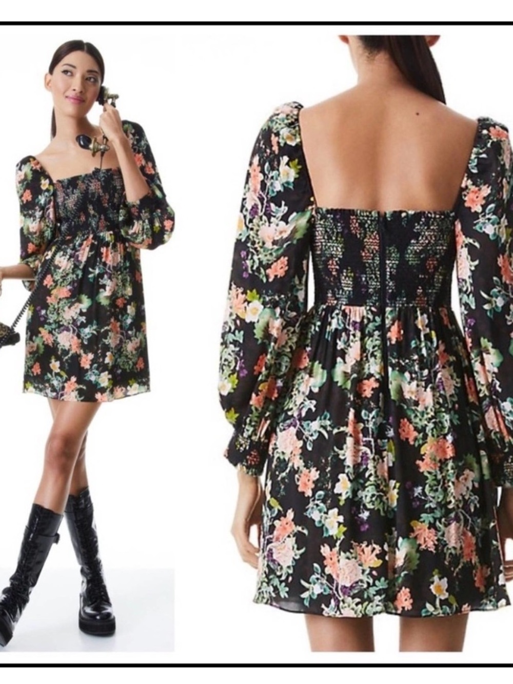 Alice + Olivia Cooper Smocked Floral Mini Dress Black Puff Sleeve Size Small (4)